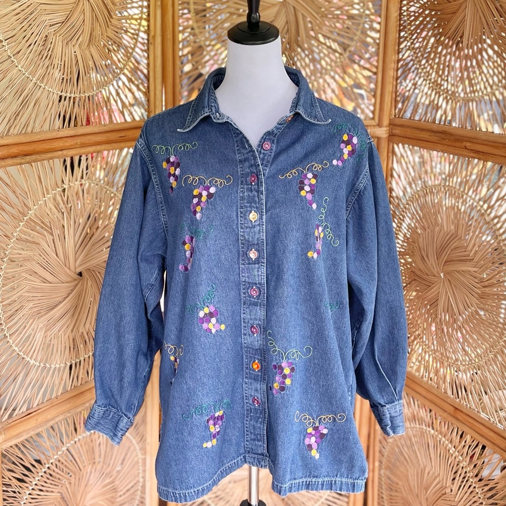 Vintage Silver Threads Denim Embroidered Grapes Long Sleeve Button Down Shirt
